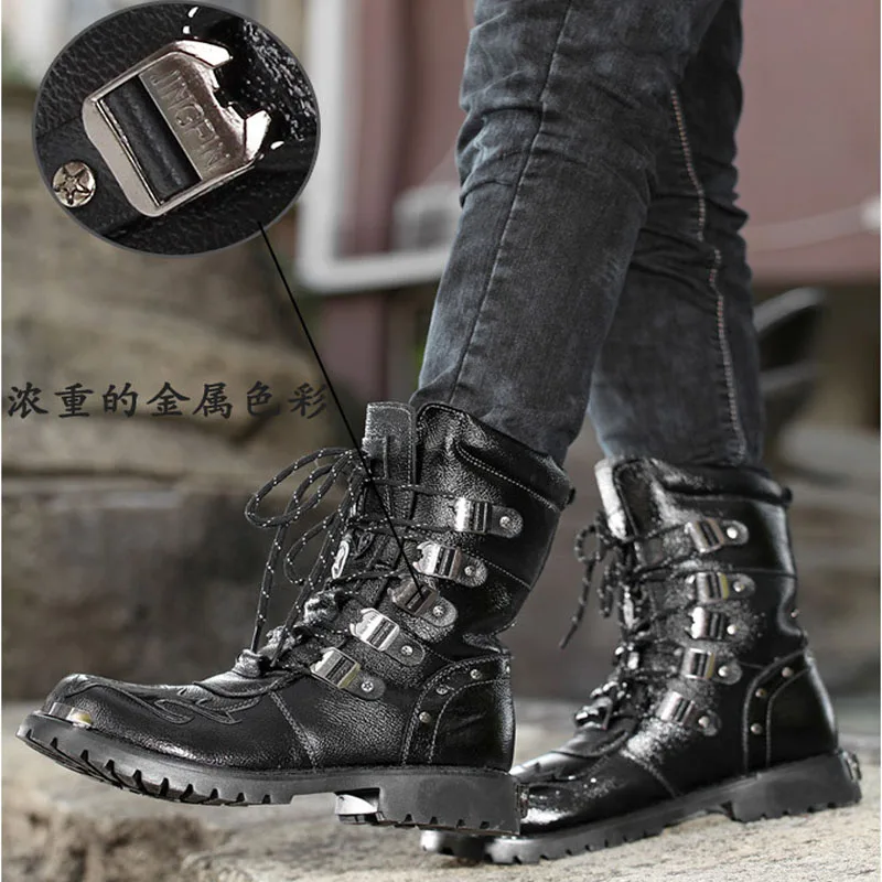  Motorcycle boots Male Shoes Army Boots Men Military Boots Leather Winter Black cowboy snow Metal Go