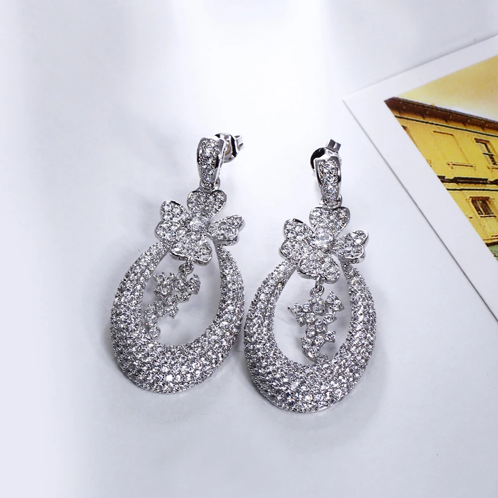 Beautiful flower drop earrings micro pave zirconia crystal aretes Jewelry luxury statement jewellery women elegant earring