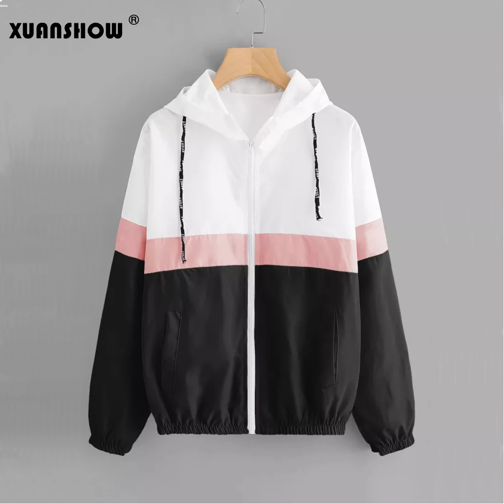XUANSHOW/весенне осенняя модная Трехцветная ветровка с капюшоном в стиле пэчворк