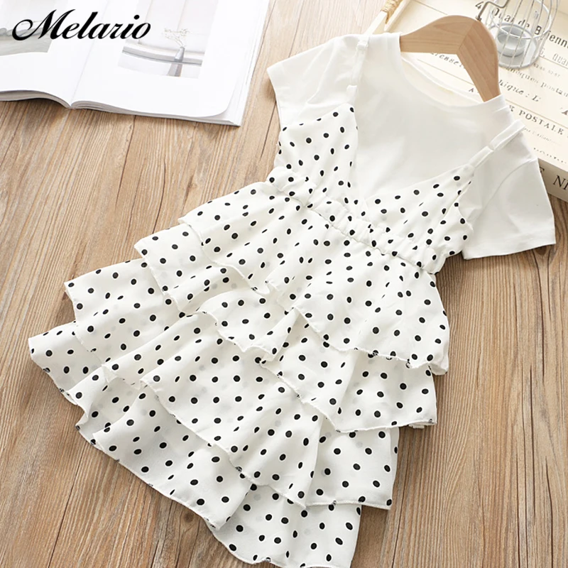 

Melario Children's Set 2019 New Brand Girls Clothes Polka Dot Sling Layer Cake Dress + Solid T-shirt Suit 2Pcs Girls Dress Sets