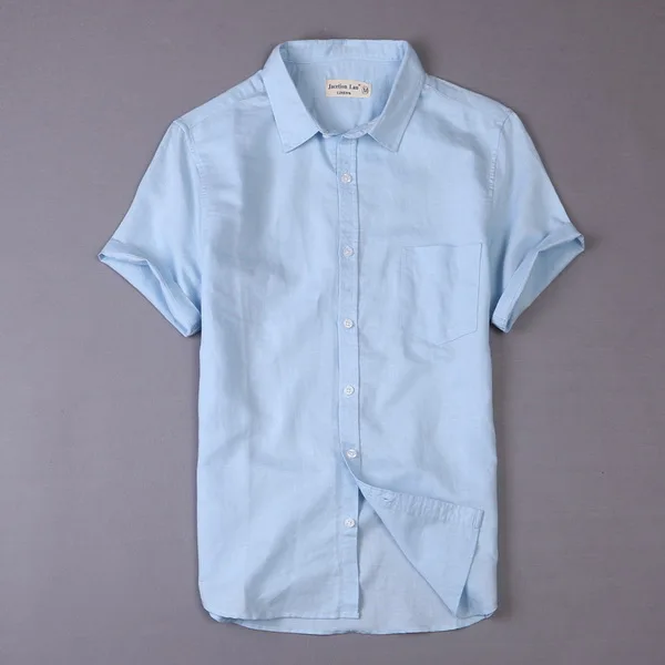Мужская летняя рубашка с коротким рукавом льняные мужские Рубашки повседневные деловые мужские рубашки брендовая одежда однотонные рубашки мужские рубашки - Цвет: sky blue
