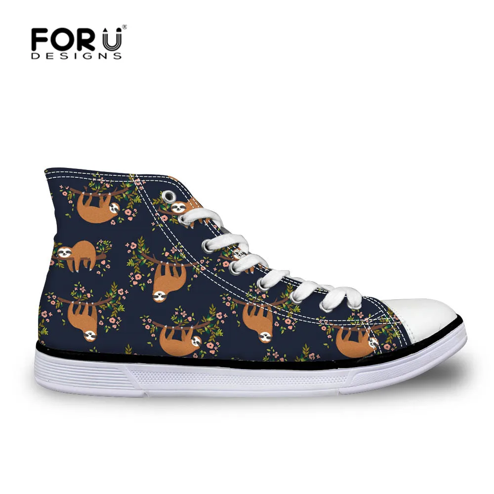 

FORUDESIGNS Cute Sloth Printing Casual Women's Vulcanize Shoes Lace Up for Ladies Fashion High top Canvas Shoe Flat Footwear