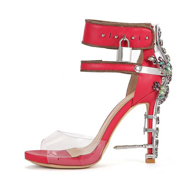 Jady Rose/Дизайнерские женские сандалии-гладиаторы с кристаллами; прозрачная обувь из ПВХ на высоком каблуке; босоножки с ремешком на щиколотке, украшенные висячим замком; женская свадебная обувь - Цвет: Red With Crystal