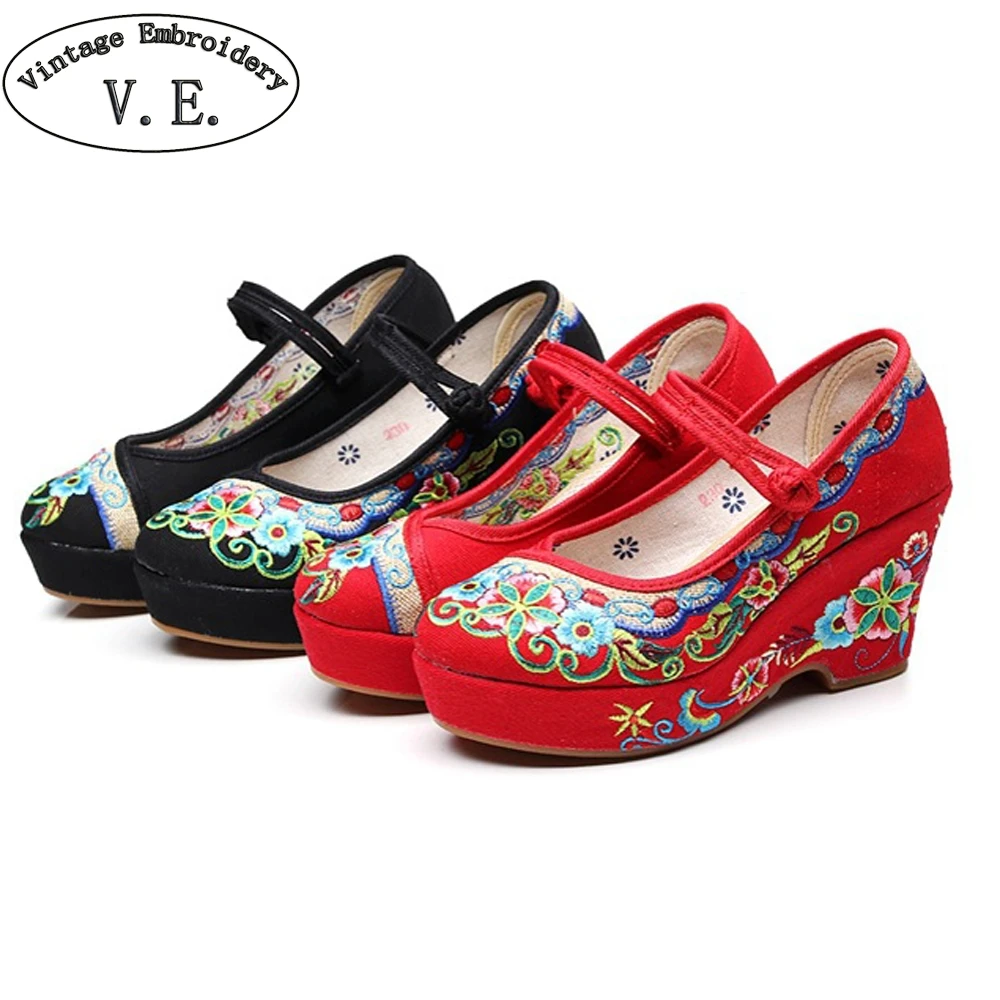 

Vintage Embroidery New Arrivals Women Pumps Flower Embroidered High Heels Shoes Causal Canvas Woman Platform Shoes Sapatos