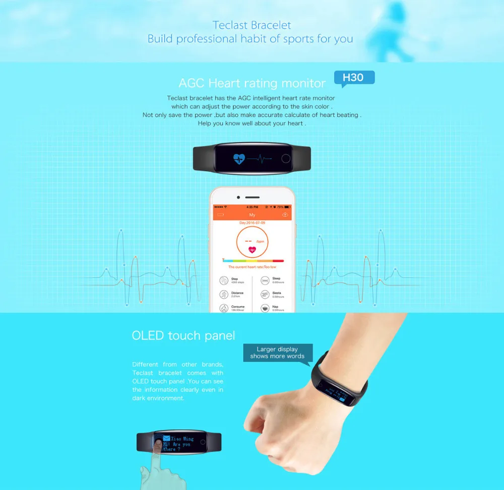 Teclast H30 монитор сердечного ритма, Блютуз, умный браслет дистанционного Камера Смарт Браслет, смс напоминание, шаги