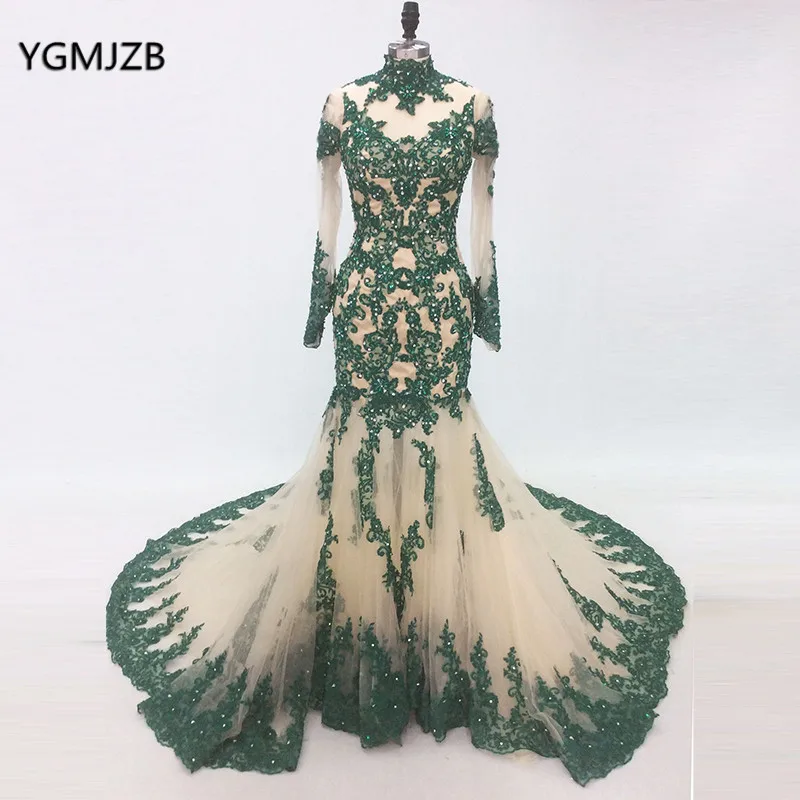 

Luxury Green Evening Dress Long Sleeves 2018 Mermaid High Neck Embroidery Beaded Arabic Formal Evening Gown Robe De Soiree