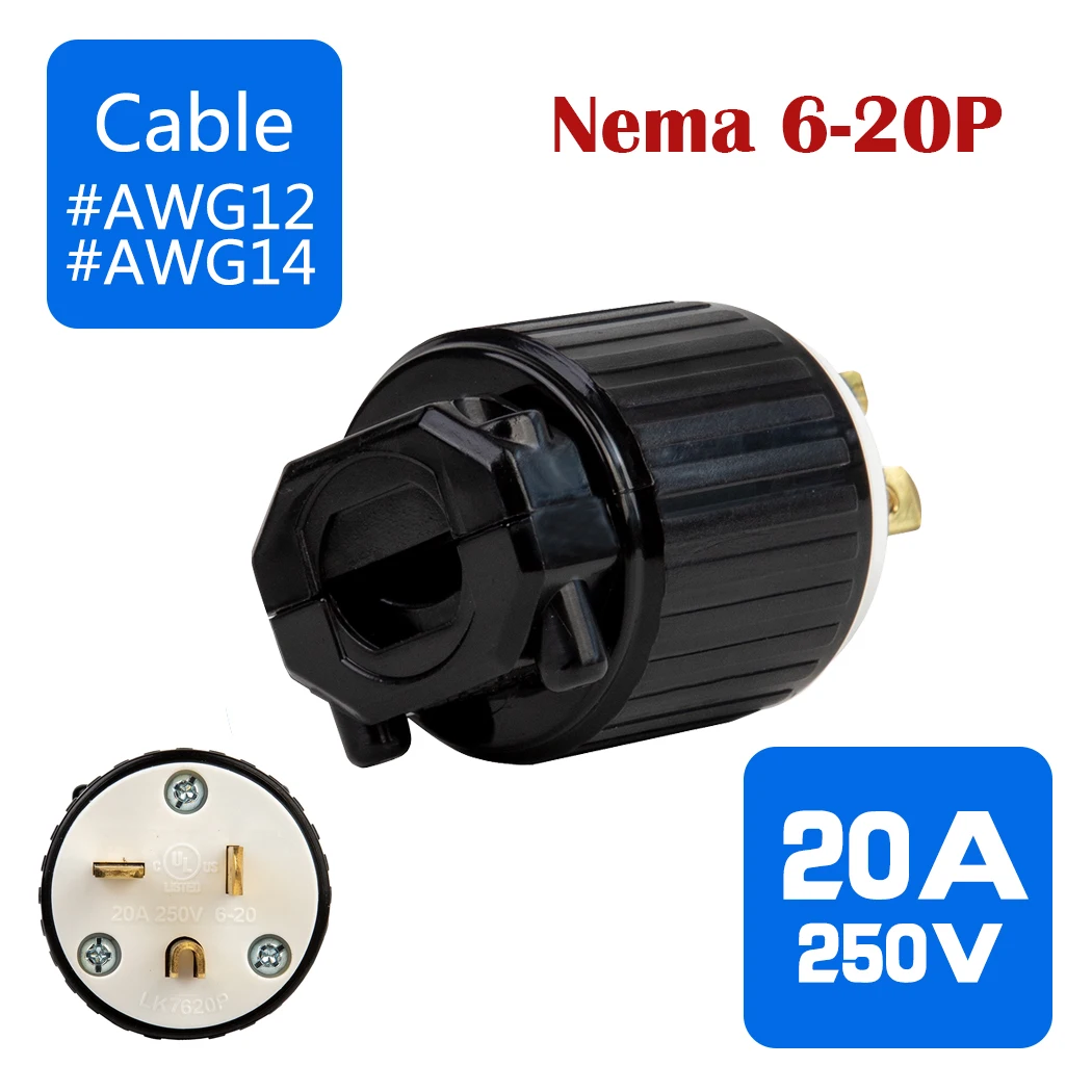 NEMA 6-20P high-power male 3pin converters Self-wiring plugs 20A 250V American industrial-grade wiring plugs