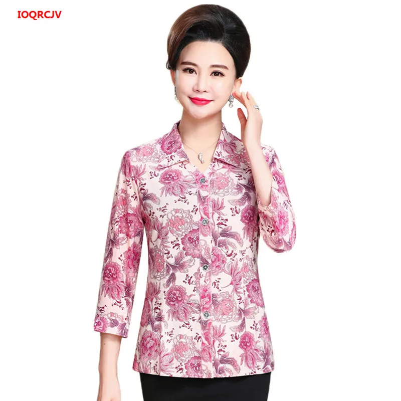 

Middle Age Women Blouse 2019 Summer New Plus Size Mother Three Quarter Sleeves Silk Print Shirt Blusa Feminina Top Cardigan W885