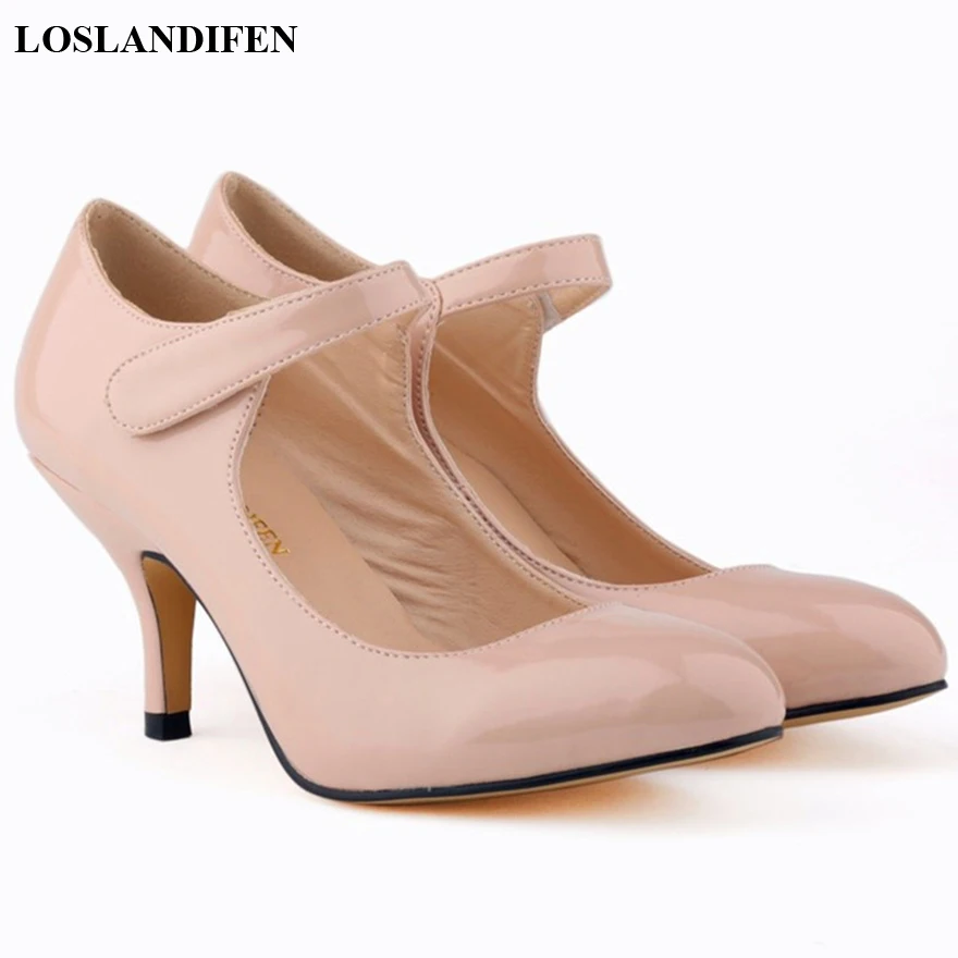 

Hot New 14 Colors Hooks&Loop Casual Women Shoes Round Toe Patent Leather Concise High Heels Shoes Women's Shallow Office Shoes