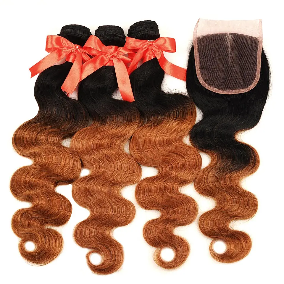 Pinshair Brazilian Ombre Human Hair Bundles With Closure 1B 30 Body Wave 3 Bundles Hair Weave With Middle Part Closure Non Remy (81)