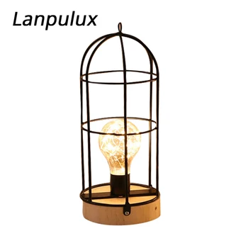 

Lanpulux Wooden Base Table Lamp Iron Art Durable Copper Wire Bulb Night Lights Geometric Shape Retro Home Decor Light Fixtures
