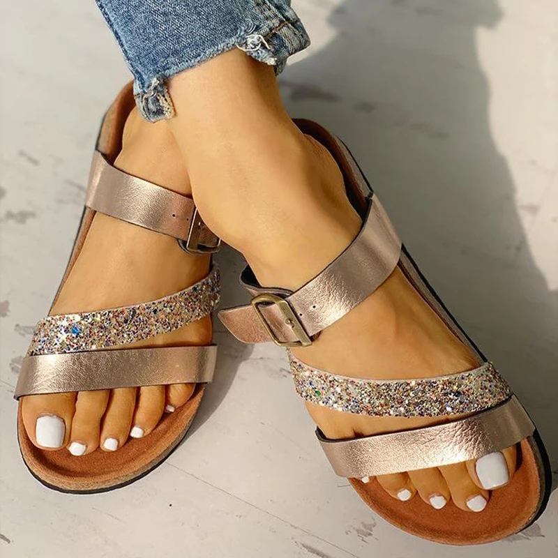 

DAHOOD Sequined Women Slipper 2019 Summer Casual Flip Flop Female Flats Sandals Girls Soft Comfortable Beach Slides Women Shoes