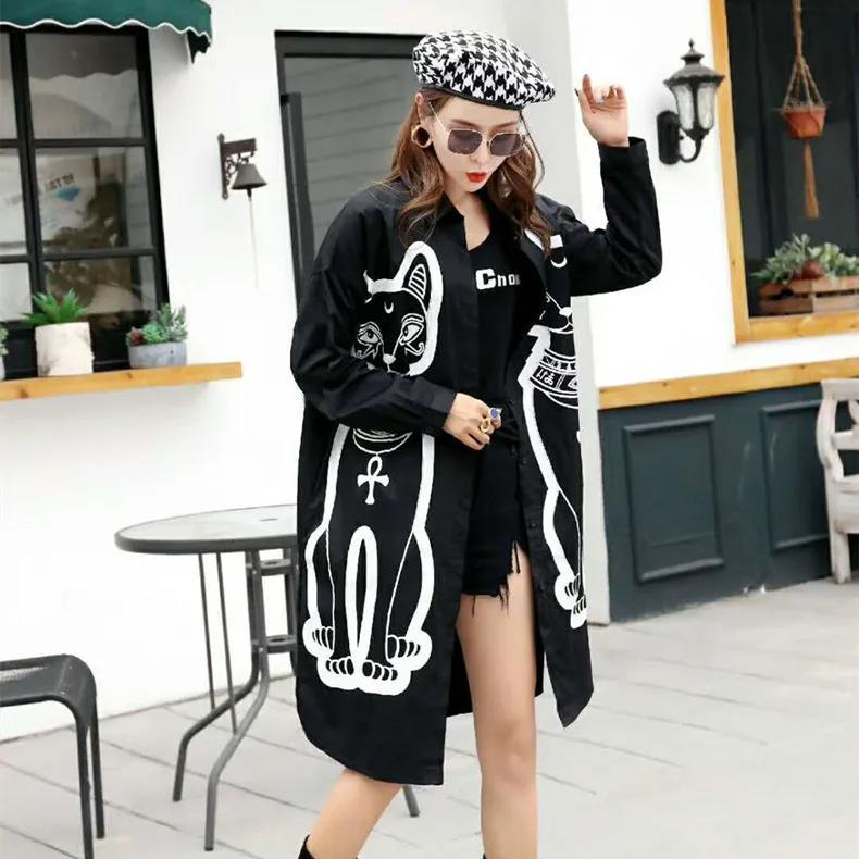 

Spring Summer New Design Cartoon Printed Shirt BF Design Plus Size Loose Blouse Black Long Sleeve Thin Shirt Cardigan