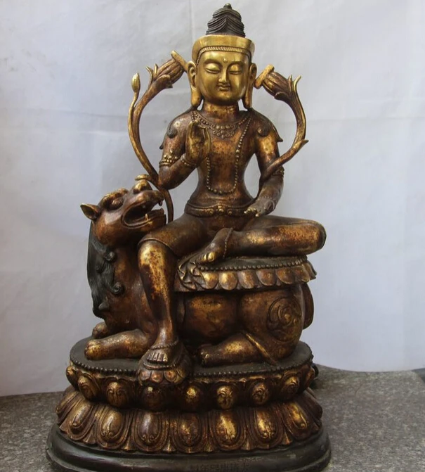 

song voge gem S0764 Tibet Buddhism Bodhisattva Bronze Copper Foo Dog Lion Manjusri Manjushri Statue