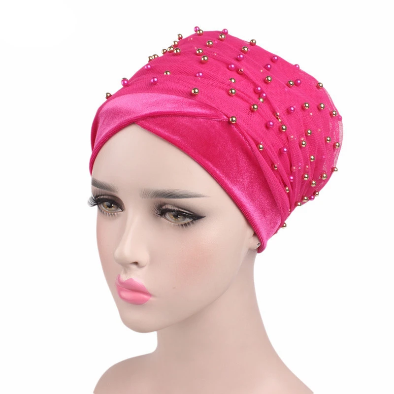 BAIBAZIN New african hat velvet pearl mesh fabric scarf cap long hat wrapped hat Muslim hat