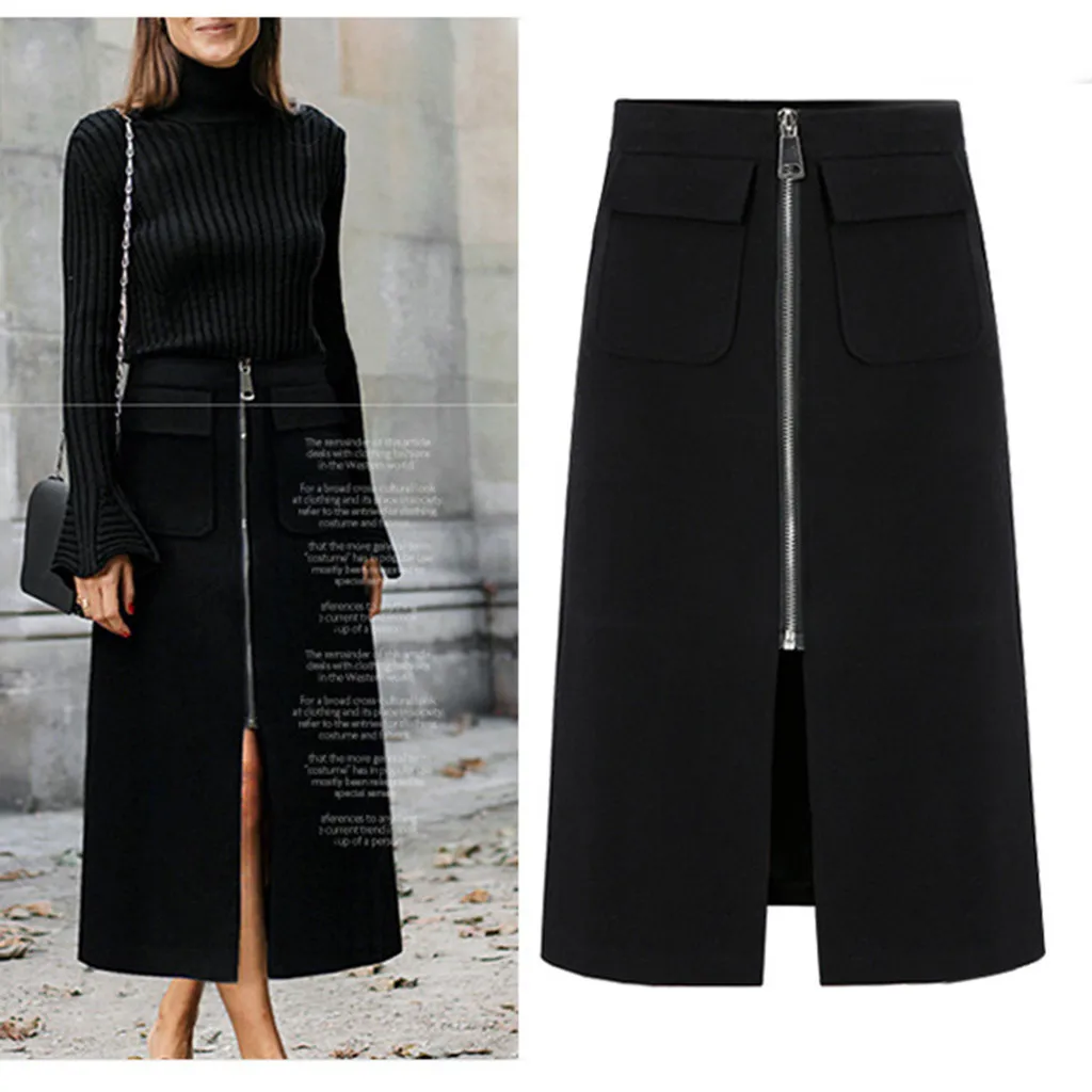 

A-Line Long Skirt Women Front Zipper High Waist Black Skirts Officewear Plus Size Skirt Casual Daily Lady Skirt