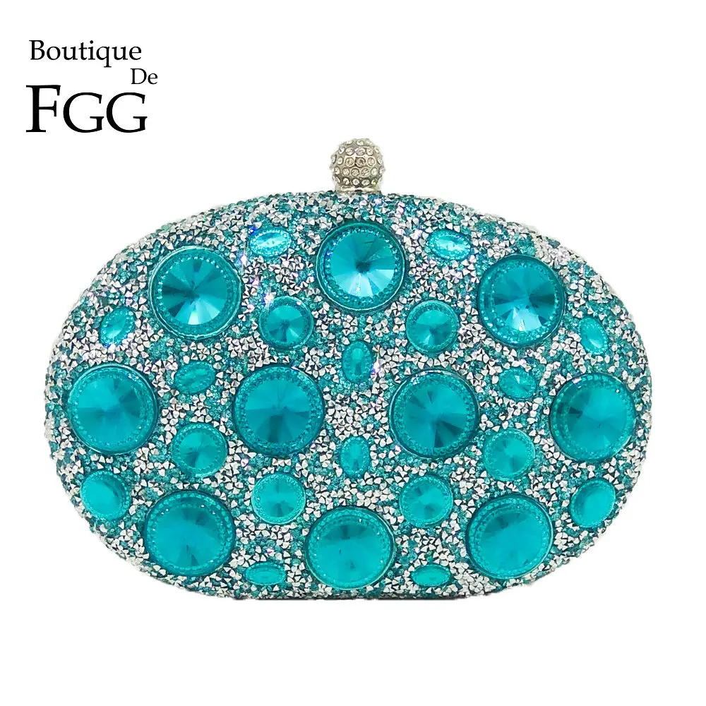 

Boutique De FGG Giant Light Blue Rhinestones Women Evening Bags Metal Minaudiere Wedding Party Crystal Clutch Handbag Purse