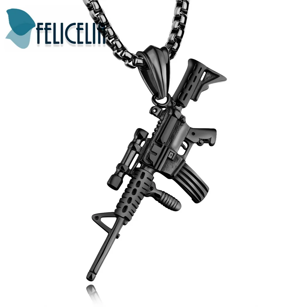 

Felicelia Hip Hop AK47 Gun Shape Pendant Necklace Black Silver Gold Color Stainless Steel Necklace Trendy Jewelry For Men Gifts