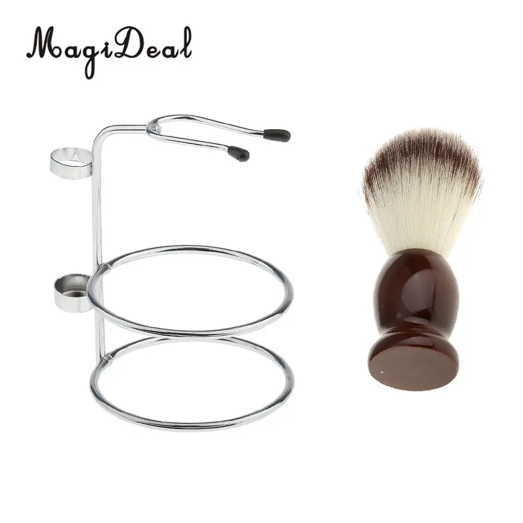 Premium Quality Wood Shaving Brush Metal Stand Holder Set for Men Barber Salon Bathroom
