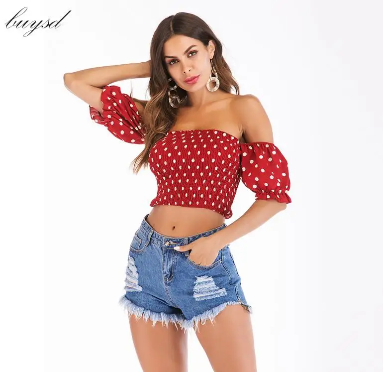 Красный Дизайн BUYSD женские блузки элегантный дизайн в горошек Off-the-shoulder slash шеи короткий шифоновый топ Блузка - Цвет: Красный