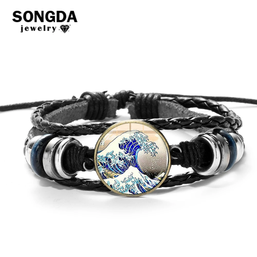 

SONGDA Blue Sea Wave Leather Bracelet Men Original Kanagawa Surfing Artist Katsushika Hokusai Painting Charm Bracelets for Women