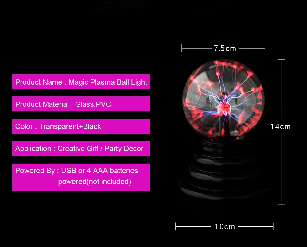 3 дюймов магический плазменный шар лампа USB электростатического Сфера лампочки Материал сенсорный Ночник Новинка светодиодные настольные лампы декоративные светильники освещения