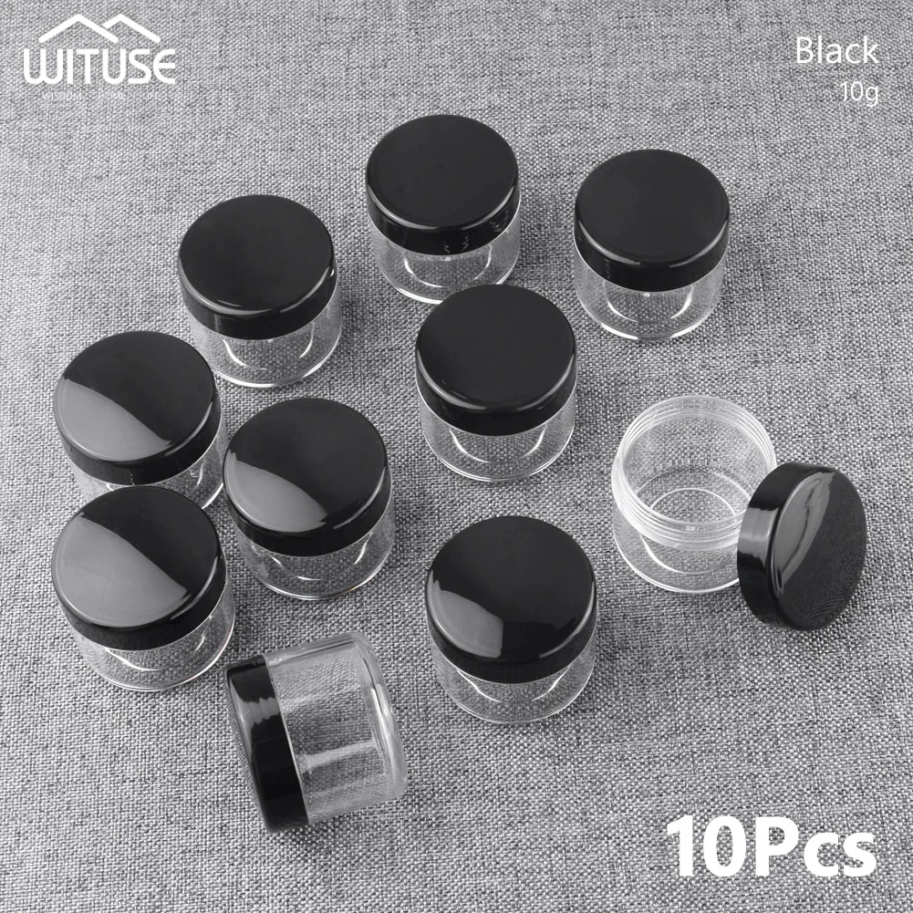 10 шт. 10 мл 20 мл косметические баночки для крема емкость для теней для век бутылки с кремом для лица контейнер для глиттера тени для век пустые горшки для ногтей коробка для хранения - Цвет: 10g Black