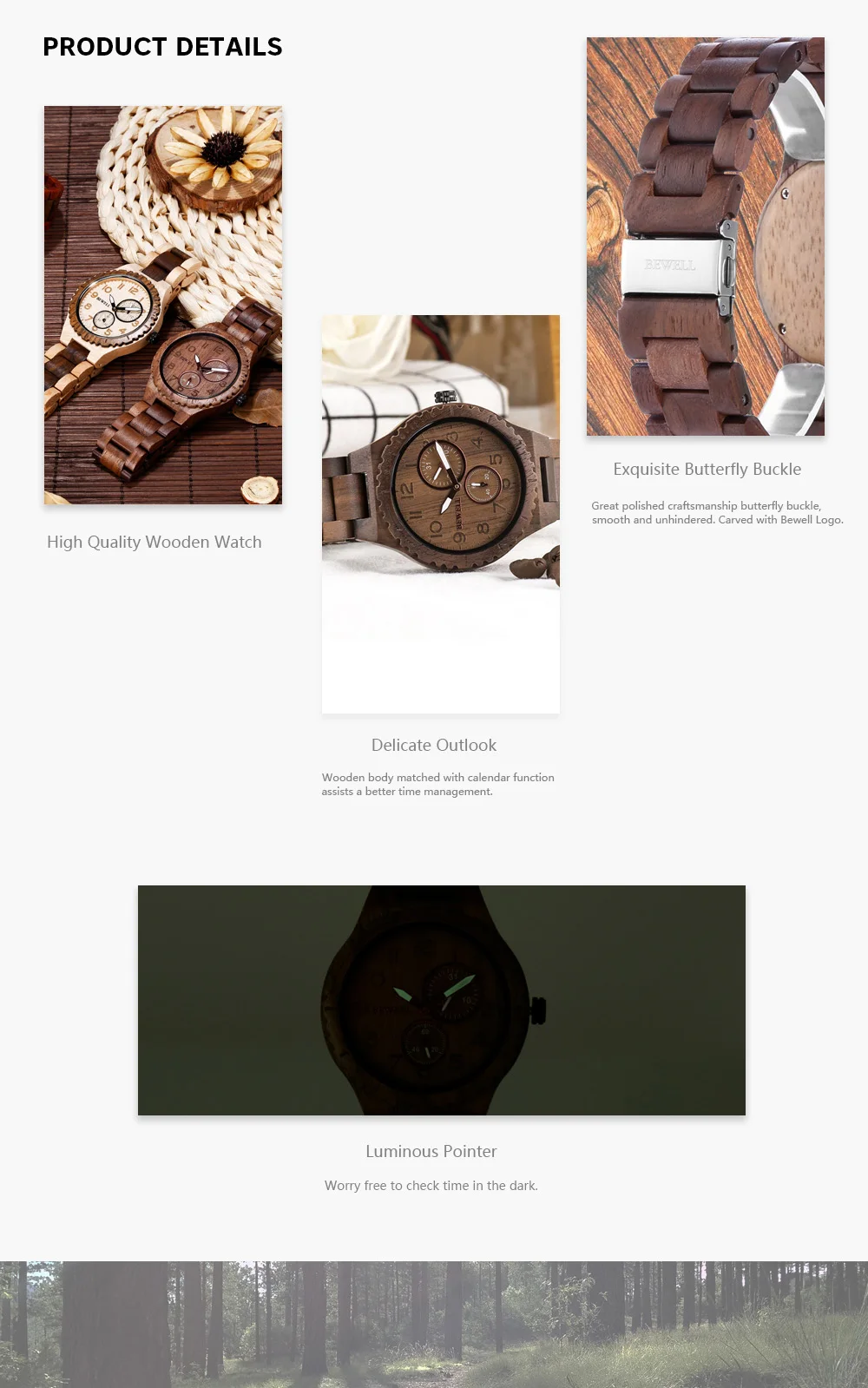 BEWELL ZS - W154A Male Wooden Watch Calendar Luminous Pointer Natural Wristwatch for Men