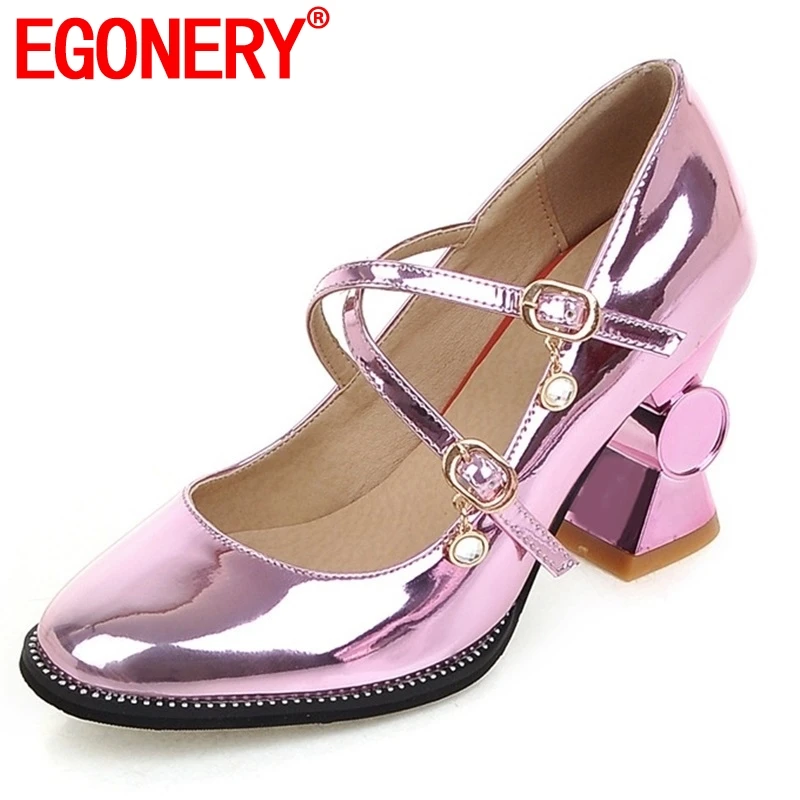 EGONERY Party Patent Leather woman Mary Janes pumps summer Round Toe Super High heels shoes Sweet purple gold silver shoes