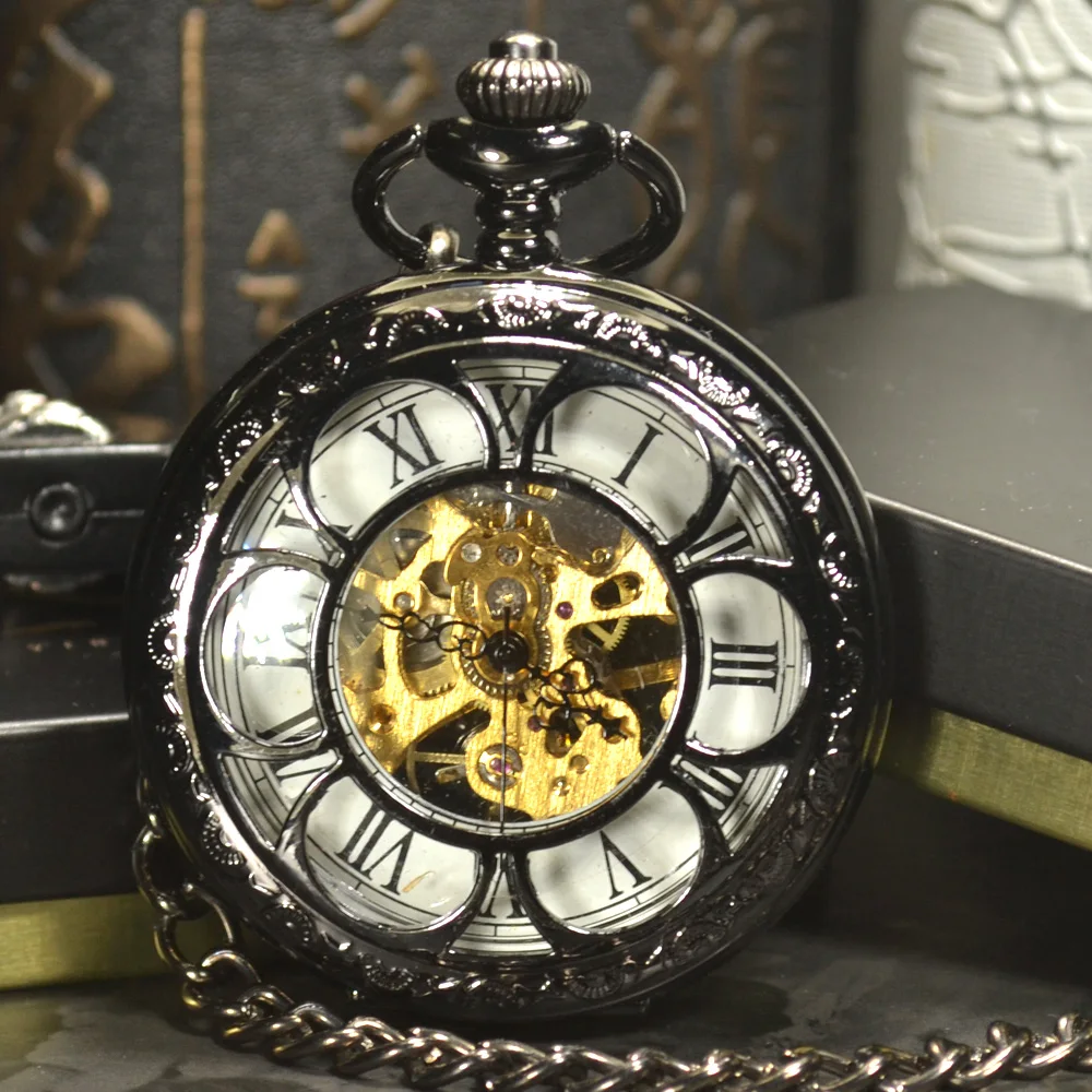Steampunk Luxury Fashion Antique Black Skeleton Mechanical Pocket Watch