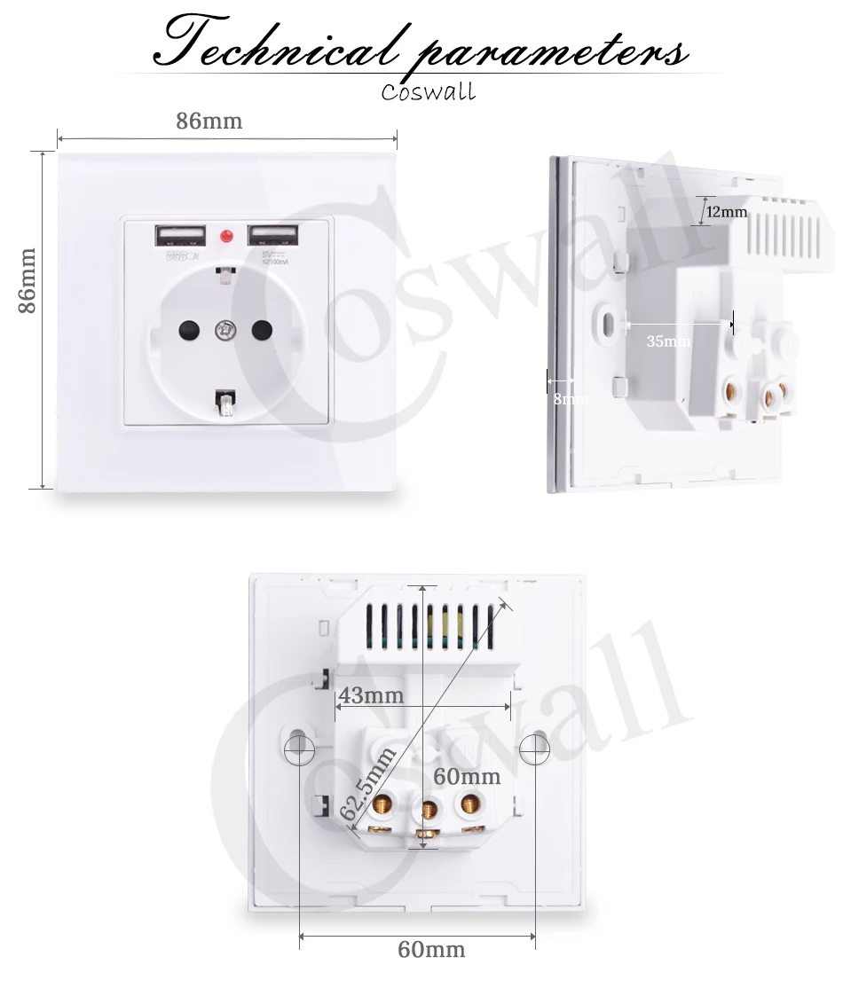 Coswall, двойной usb порт для зарядки, 5 В, 2.1A, светодиодный индикатор, 16A, настенная розетка европейского стандарта, ПК Панель, серый, черный, белый, золотой