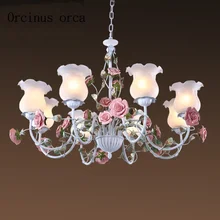 Romantic pastoral style rose chandelier iron flower lights Mediterranean living room bedroom ceiling lamp Postage free american country pastoral living room chandelier led lamp bedroom iron chandelier lighting rose chandeliers