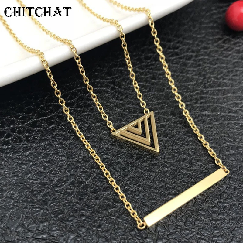 

Geometric Triangle Personalized Custom Name Necklace Engrave Letter Blank Bar Tag Pendant Multilayer Necklace For Woman