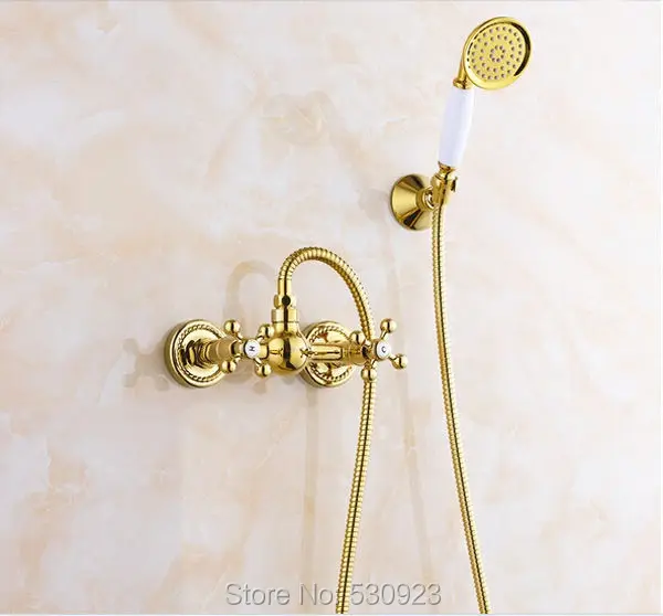 

Newly Luxury Bathtub Faucet Bathroom Shower Faucet Golden Polished Dual Handles Mixer Tap W/ Ceramics Handheld Shower Wall Mount