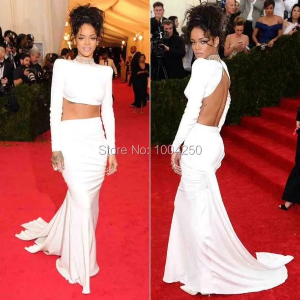 

Rihanna White Dress Sexy Backless Beaded Mermaid White Celebrity Dress Fish Tail Prom/Evening Gown 2019 Sweep Train Suit