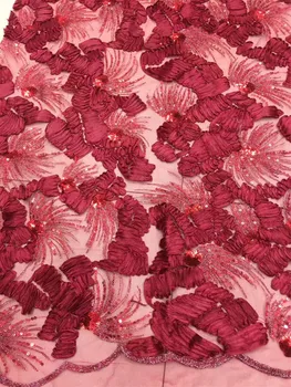 

Red color African lace fabric with sequins Nigerian tulle lace fabric 3D flowers embroidered lace fabric good quality