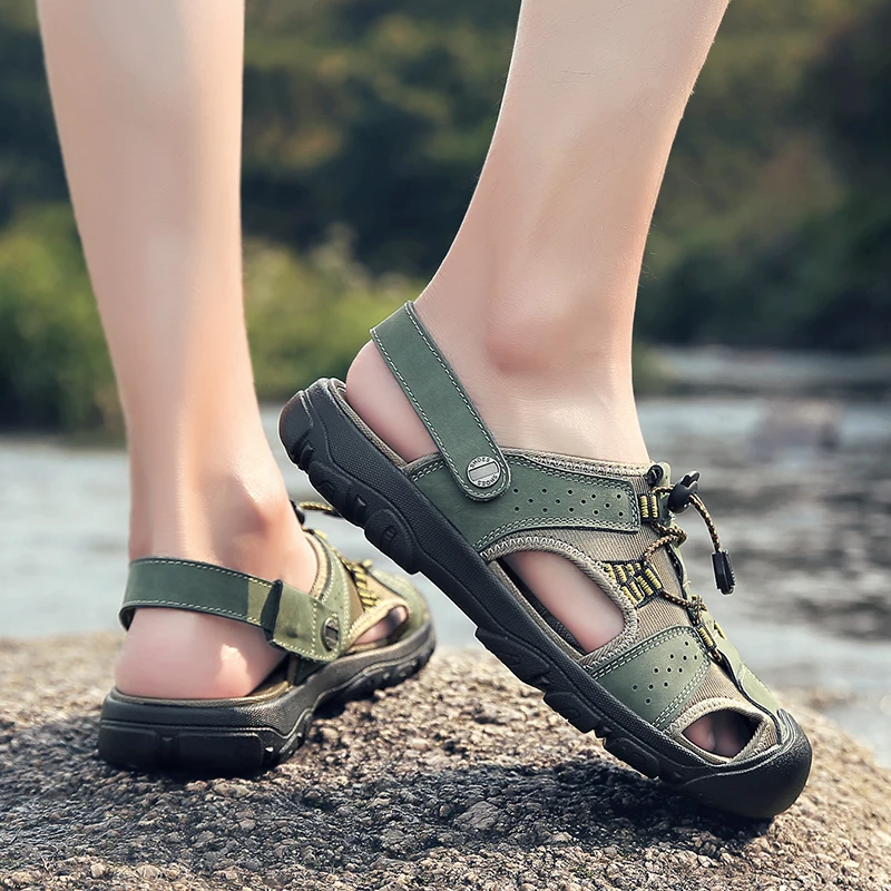 

Clorts Genuine Leather Hiking Sandals Outdoor Beach Sandals Breathable Sport Sandals Lightweight Non-slip Men Sandals