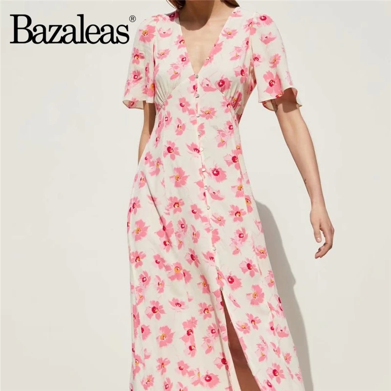 

Bazaleas Vintage Center Buttons Long Dress Pink Floral Print Women Summer dress Casual Split vestidos drop shipping