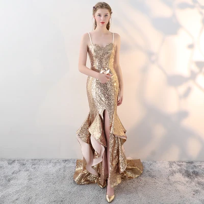 JaneVini vestido dorado largo Gold Bridesmaid Dresses Sexy Mermaid Long Split Women Wedding Party Gowns Sequins Formal Dress - Color: Gold