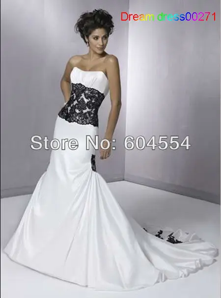 Free Shipping Custom made Mermaid Style Ivory Satin Taffeta Black Embroidery Beading Strapless Wedding Dress Bridal Gown | Свадьбы и