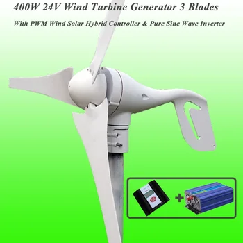 

Great Discount 3 Blades 400W 24V Wind Turbine Generator With PWM Wind Solar Hybrid Controller & 1KW Pure Sine Wave Inverter