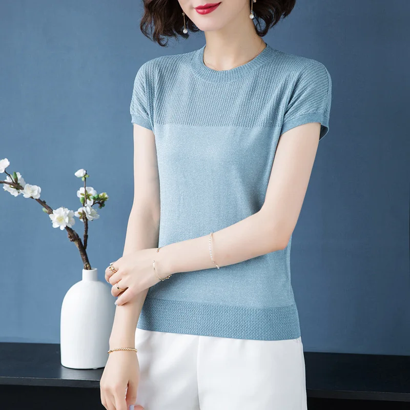 

Solid Color Knitted T-shirt Women's O-neck Short Sleeve Tees Top Female Summer Loose Breathable Slim Temperament T-shirts H9301