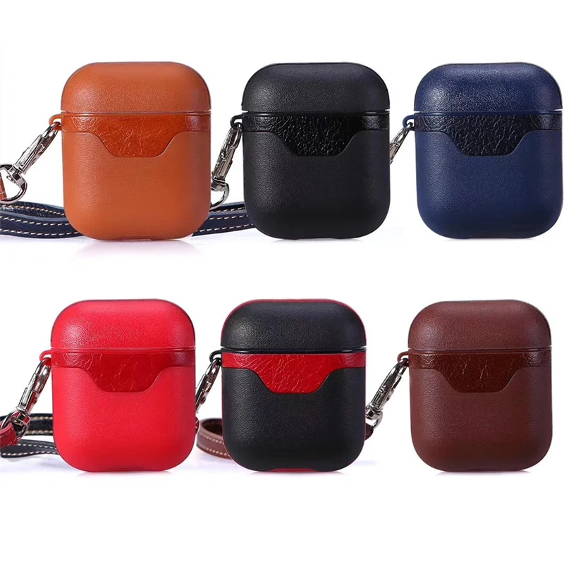 Leather Case For AirPods Luxury Protective Cover Bag Vintage Matte Hook For Apple Air pods Black Brown with key rings strap (3)