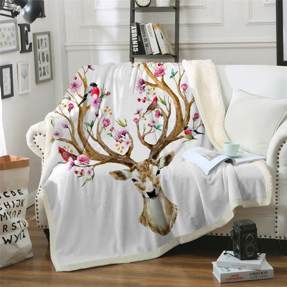 Elk Floral Moose Sherpa Blanket Flower Reindeer Bedspread Velvet Plush