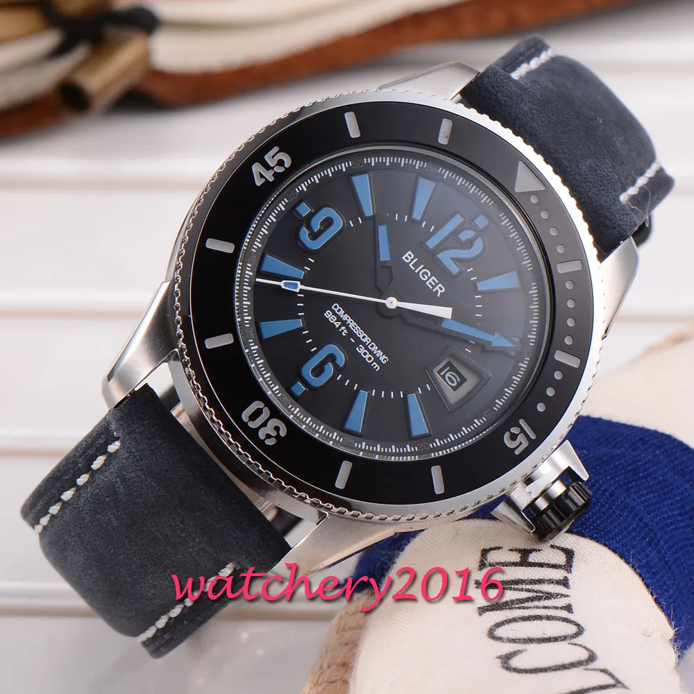 

43mm Bliger black dial date mens watches of the famous luxury brand simple Automatic Self-Wind movement Men's Wristwatch