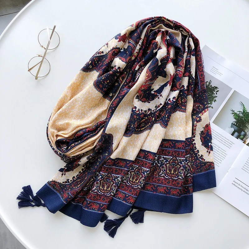 

2019 Newest Women Vintage Elephant Pattern Cotton Tassel Scarf 10pcs/lot