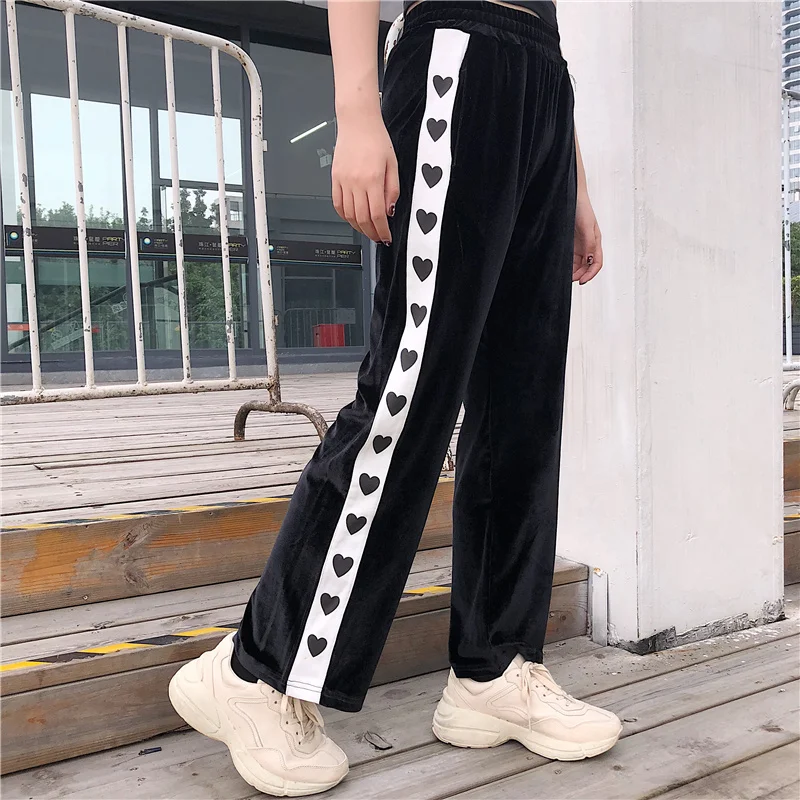 

Kawaii Panelled Love Heart Print Stripe Elastic High Waist Straight Wide Leg Slim Velvet Pant Velour Korean Workout Trouser Girl