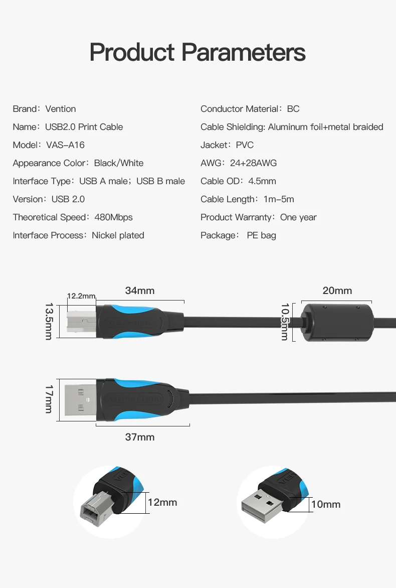 Vention USB 2,0 кабель для принтера типа A-B кабель для синхронизации данных кабель для передачи данных 1 м 1,5 м 2 м 3 м для камеры Epson hp USB