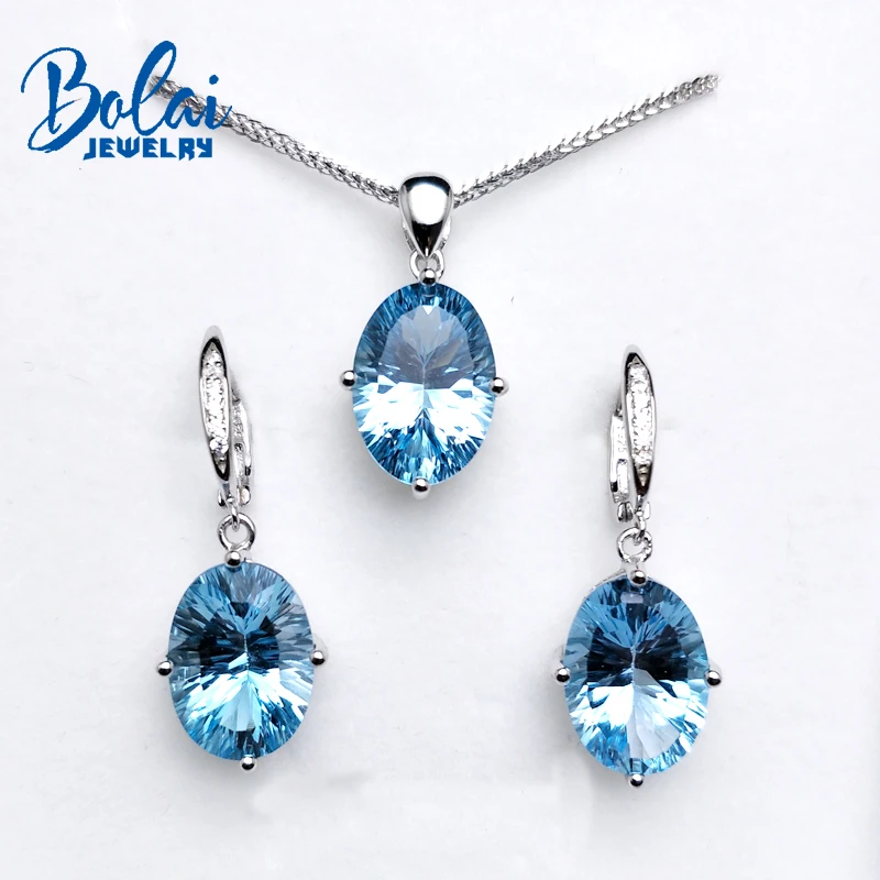 

Bolaijewelry,925 Sterling silver jewelry set natural sky blue topaz concave cut shinning gemstone clasp earring pendant necklace