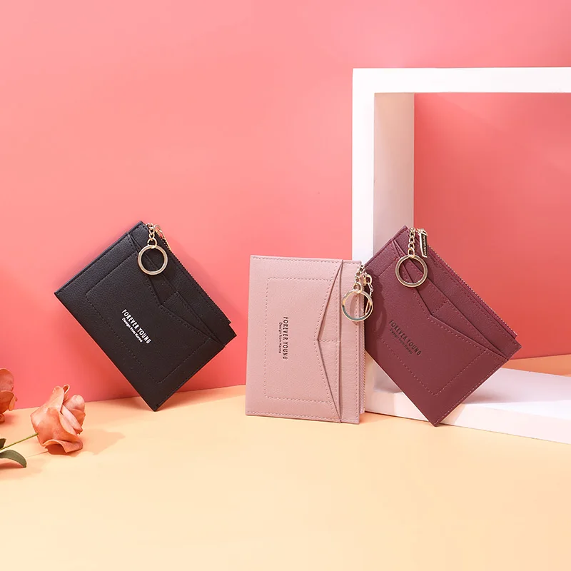 WEICHEN Slim Key Chain Card Holder Women Leather Bag Small Card Wallets Female Organzier Mini Credit Card Case Zipper Coin Bags